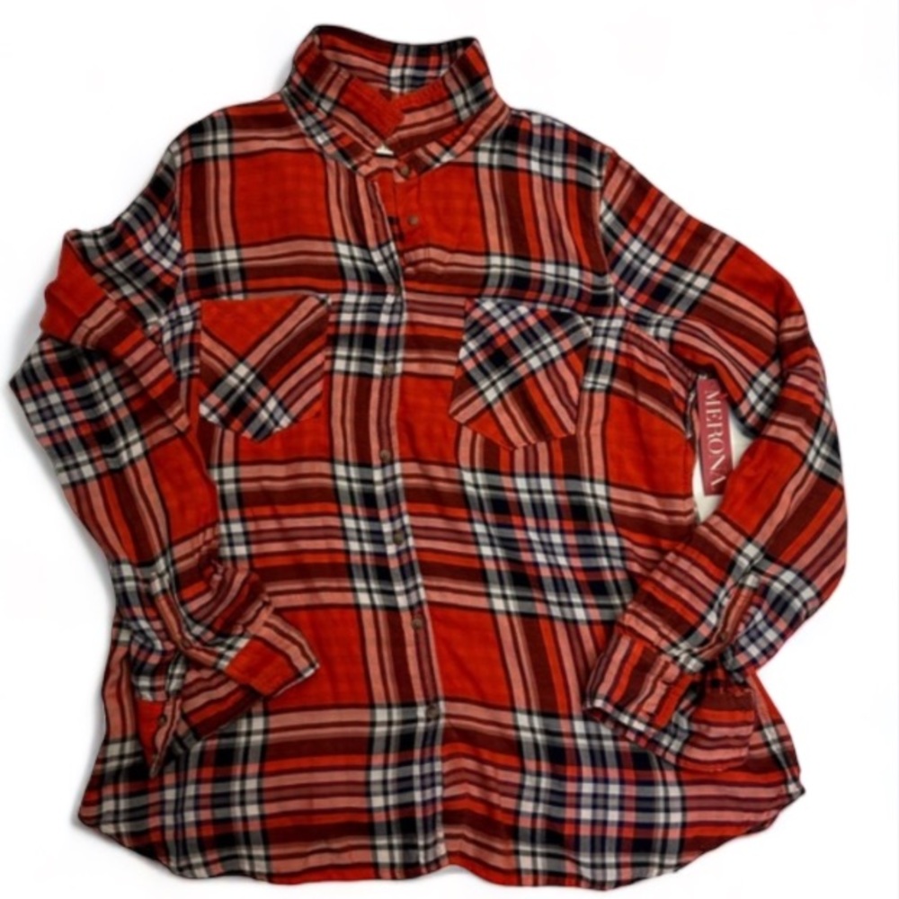 Merona Plaid Long Sleeve Button Up Collared Shirt 100% Rayon Ladies Size XXL NWT